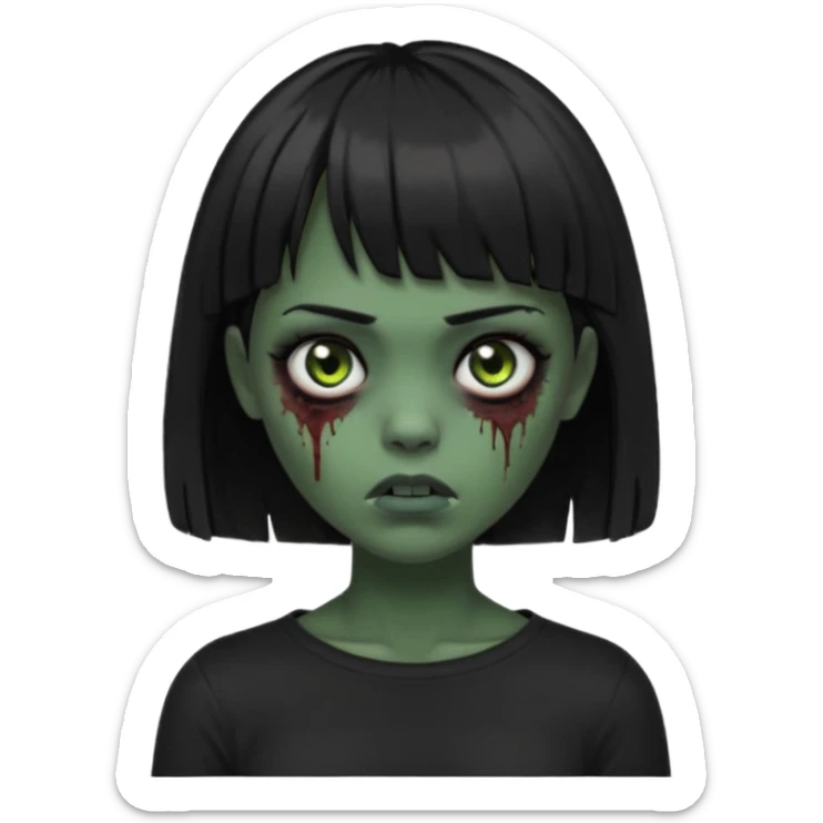 Zombie girl emoji verde escuro com cabelo curto liso preto no ombro e franja na altura da sobrancelha cobrindo completamente a testa, usando uma blusa preta, com a cor dos olhos sendo PRETOS  sticker