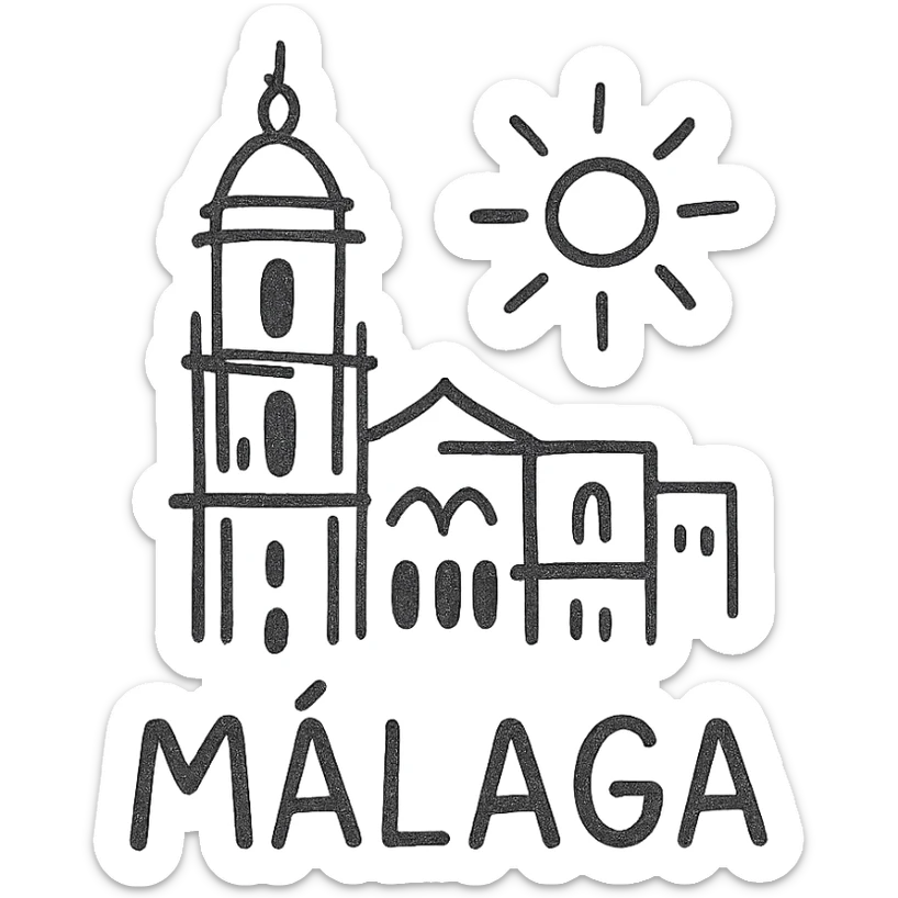 icon of Málaga highlighting the cathedral tower and a sun, flat outlined icon style sticker