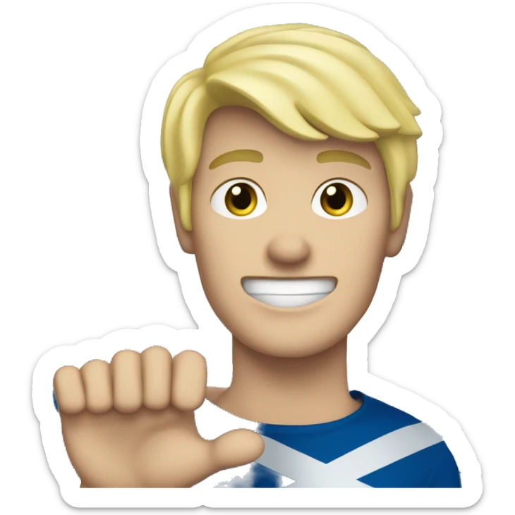 Blonde haired Scottish male waving his hand with a Scotland flag in the background sticker