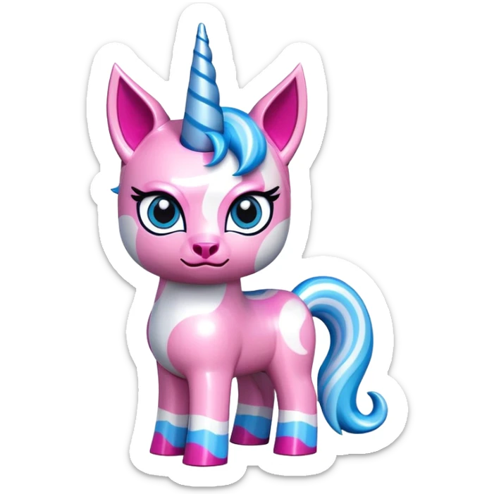 Unikitty, a pink Lego cat unicorn hybrid with blue eyes, a blue unicorn horn, and a blue and white swirl tail sticker