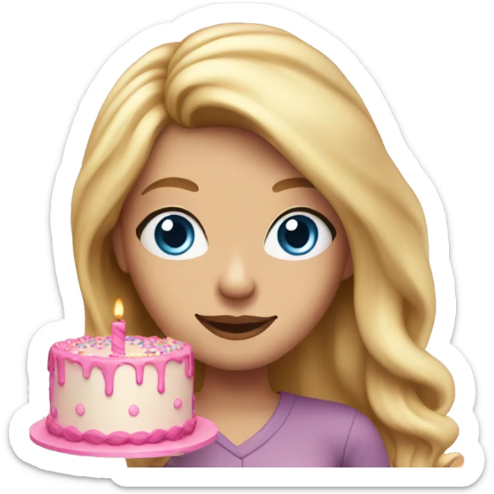 Woman with long blonde hair and blue eyes holding a pink birthday cake  sticker