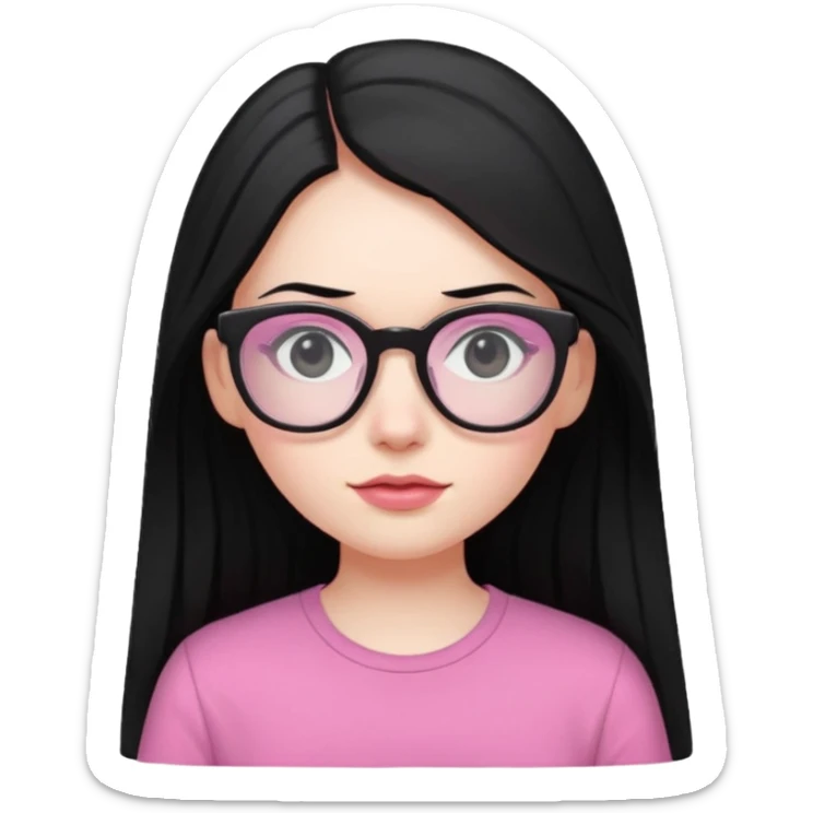 Pale skin long black hair girl with pink shirt and black glasses sticker