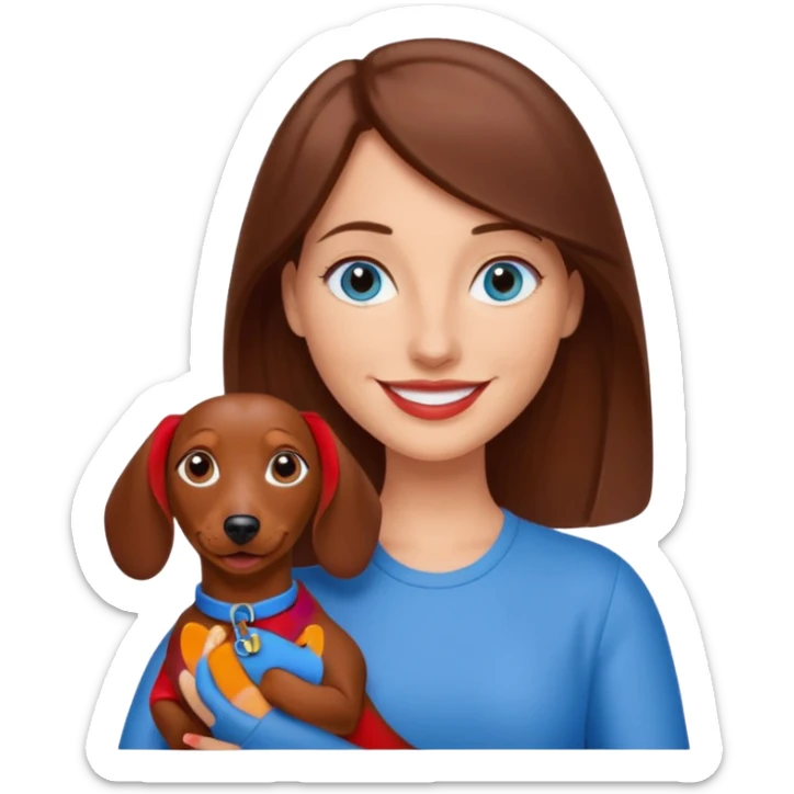 White woman with medium length brown hair and blue eyes holding a red dashound sticker