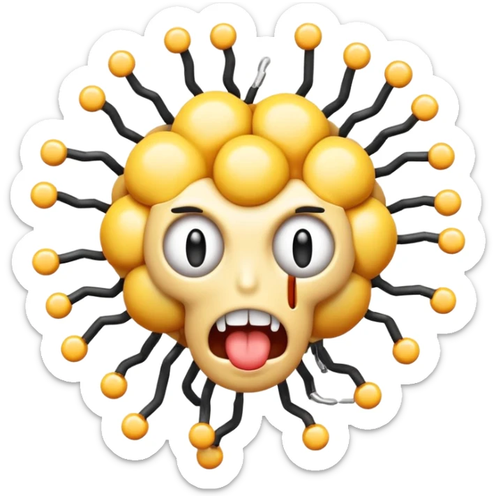 absolutely insane emoji with eyes popping out of sockets on springs, brain partially exposed, multiple gigantic polka-dotted tongues flailing in all directions, tiny explosions around head, face melting, completely deranged look sticker