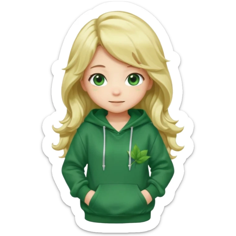 Chibi anime girl, full body, long wavy blonde hair, large green eyes, blushing cheeks, shy smile, leaning forward, wearing an oversized green hoodie with a dark green leaf pattern. sticker