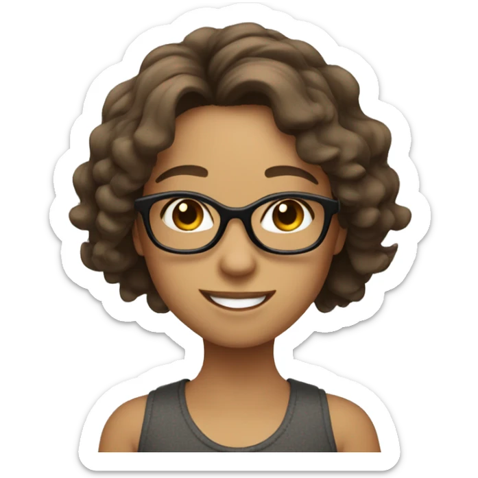 smiling girl with shoulder length shaggy brown hair and big dark glasses sticker