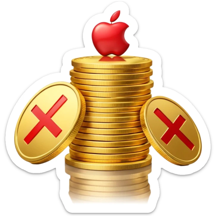 A stack of shiny gold coins without any symbols on top, crossed by a red prohibition sign (no symbol). Apple Emoji style, 3D look, soft reflections, clean white background, high-quality rendering, realistic lighting and shadow, smooth gradients, no text or logo. sticker