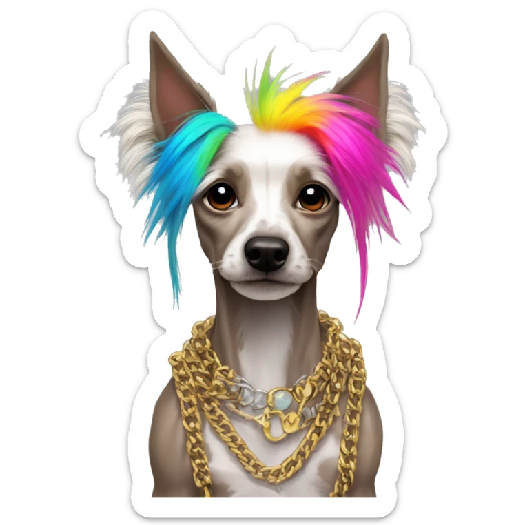 Punk Chinese crested dog neon rainbow hair gold chain punk piercings tattoos punk ear piercings sticker