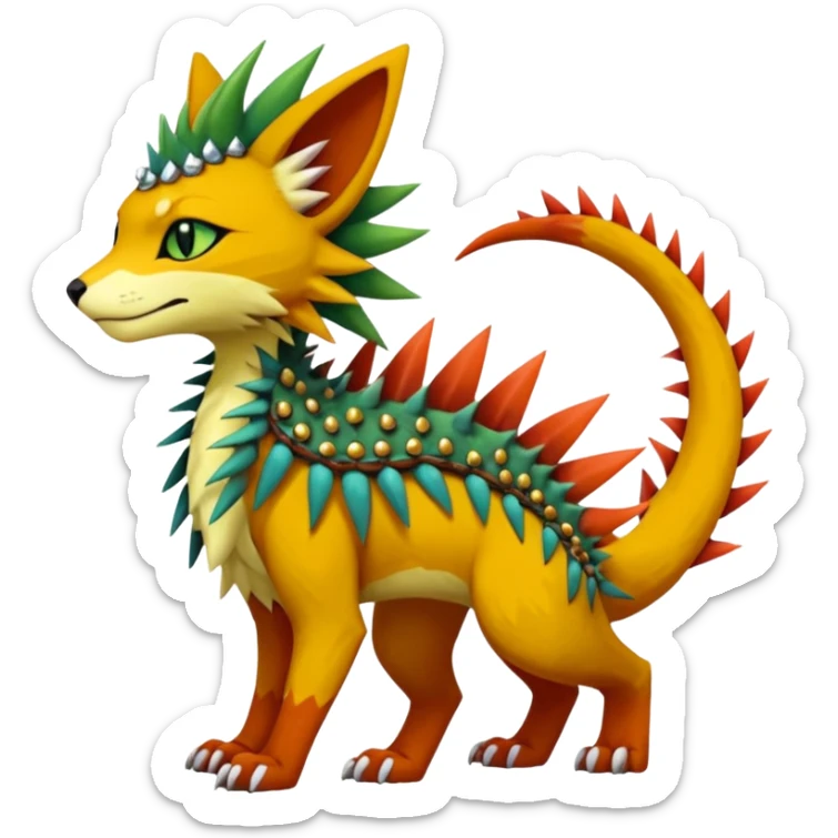 Kawaii cute reddish orangish yellowish greenish exotic tribal beautiful pretty elegant divine edgy feline-vernid-sergal-Fakémon-Pokémon-Digimon-fursona-animal-creature with accessories, jewelries, full body, with intricate detailed markings, spikes, furs, fins, scales, spiny sticker
