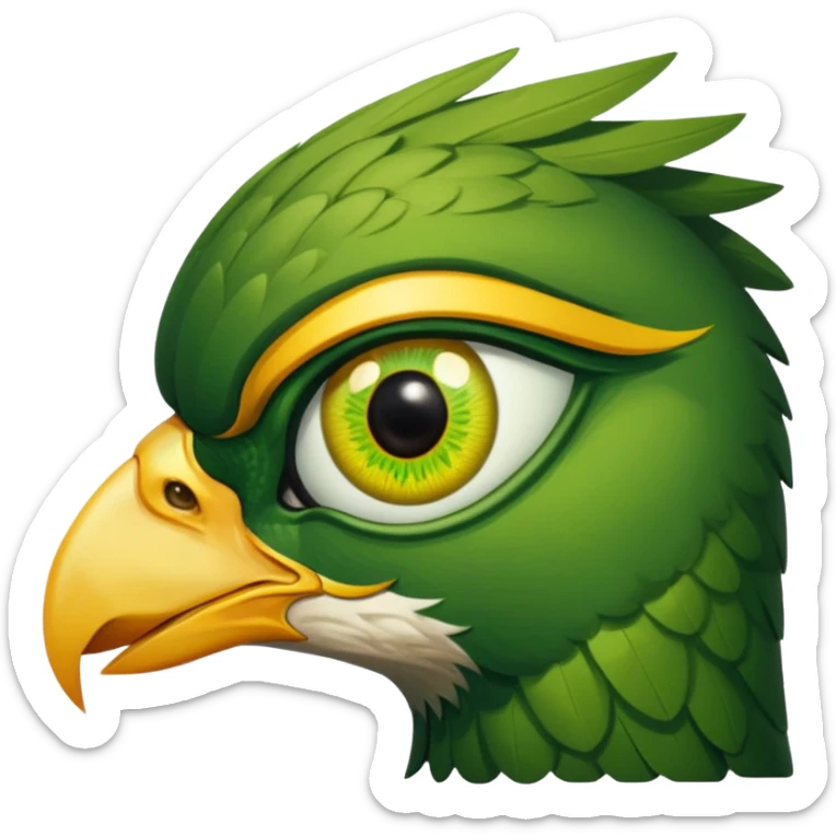 close up of just the eye and nothing else at the side profile of the face of a green hawk that is looking away from the camera on white background sticker
