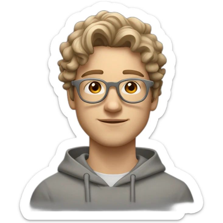 young white guy with wavy hair and a fade in light brown color and round silver color glasses with a grey hoodie on sticker