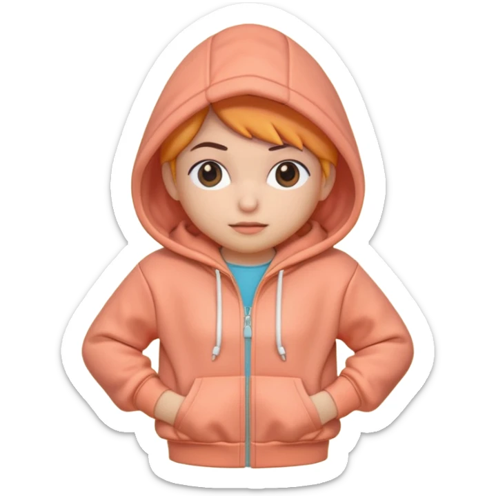 A 3D cartoon peach-coral hoodie with soft folds, drawstrings, and a casual fit, isolated plain background, Memoji-style. sticker