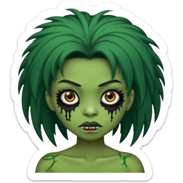 Faça uma menina de cabelo liso preto com franja zumbi cabelo longo 🧟‍♀️ faça ela assim faça ela verde com cara mais assustadora sticker