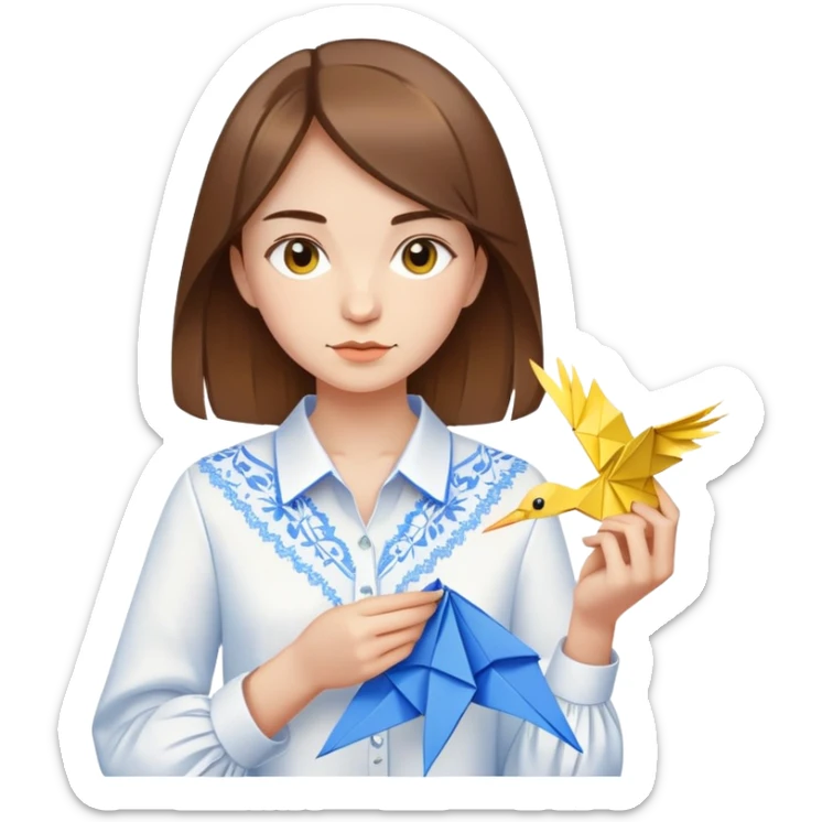 Ukrainian young girl with brown hair wearing a white embroidered shirt holds an origami yellow-blue crane sticker