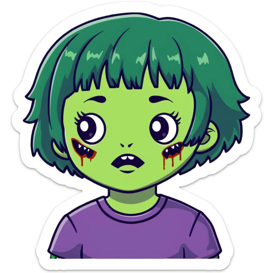 zombie girl with short wavy hair and black bangs, greenish skin sticker