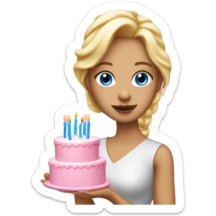 Blonde woman with blue eyes holding a pink birthday cake  sticker