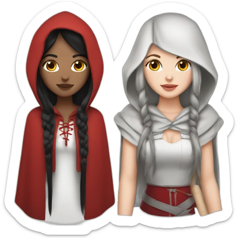 White girl long straight black hair with white streak hair and red ridding hood sticker