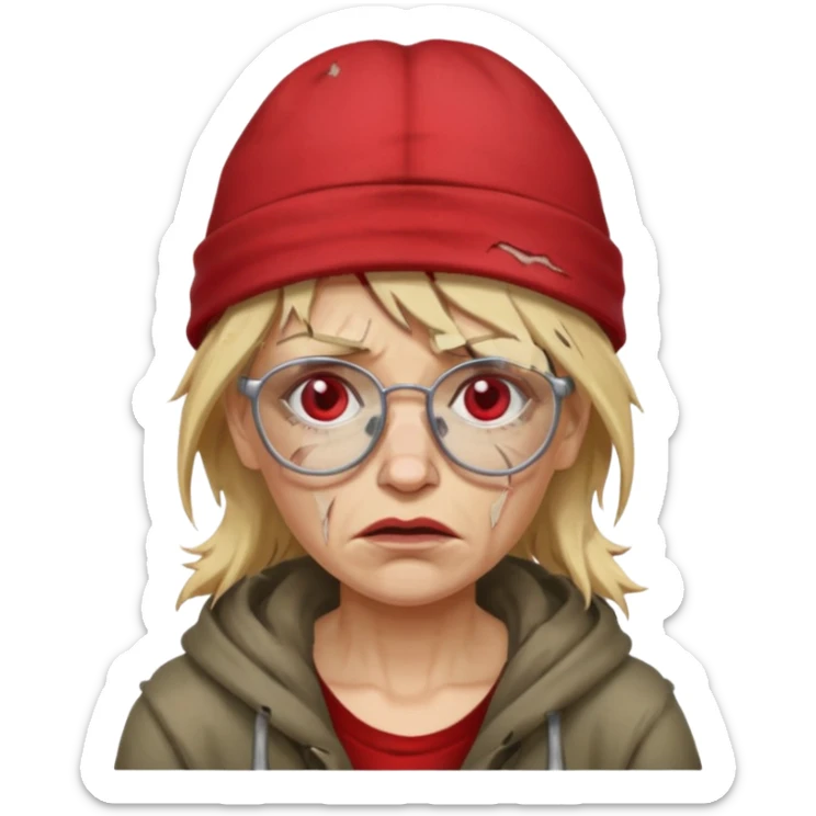 very dirty looking homeless woman with ripped red hat with ugly blond hair and broken glassess sticker