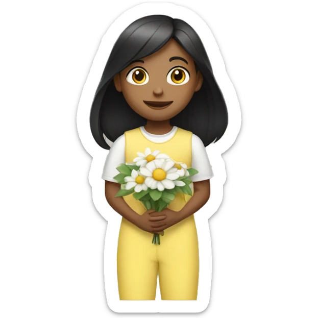 a white child with black long straight hair wearing a pastel yellow jumpsuit with white shirt in it and carrying a flower arrangement in her hands sticker