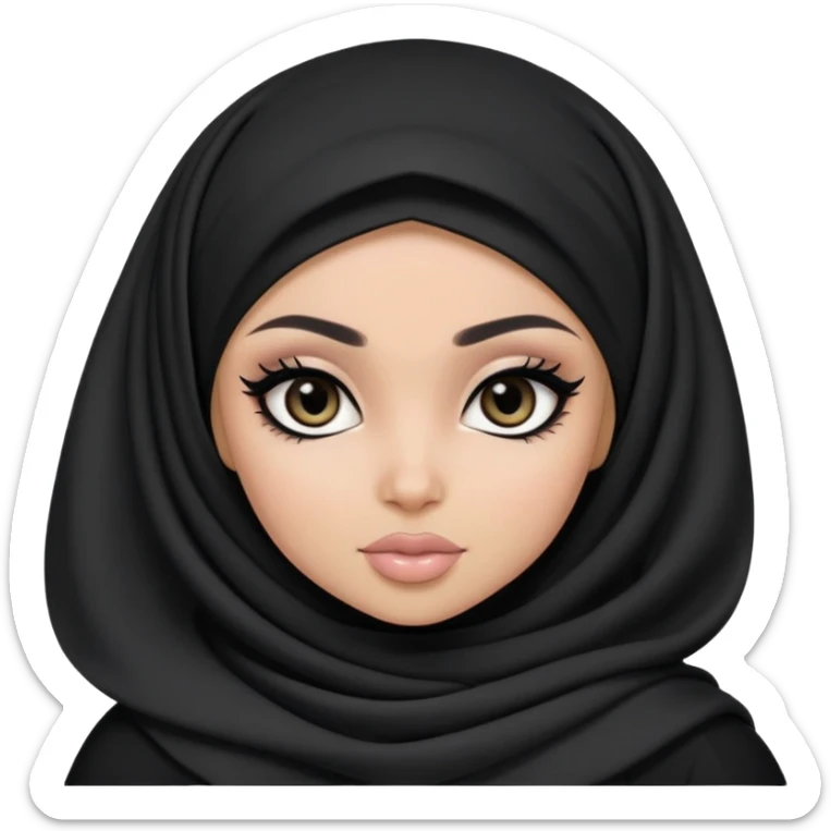 black pretty bratz girl, hijabi, dark black eyes, black eyeliner, pale skin, black clothes sticker