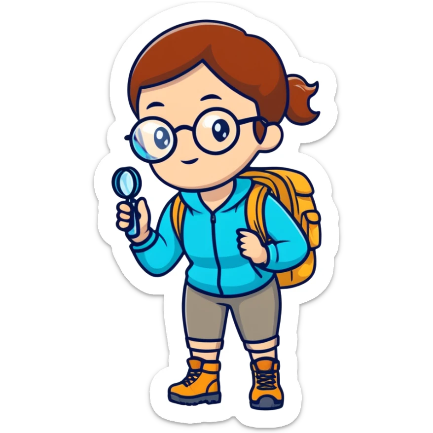 Woman in her late 30s with glasses wearing sporty outfit, hiking boots, and backpack, holding a magnifying glass and looking curious sticker