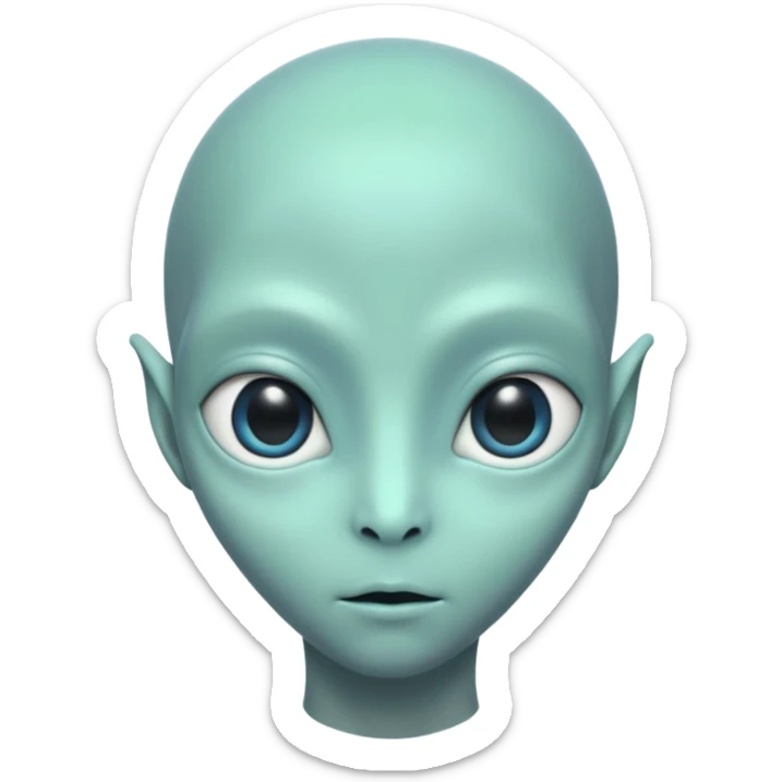 Portrait of an alien with smooth greenish-blue skin, large black oval eyes, small nose, and no visible ears, elongated head, front-facing, calm expression, soft glow, simple futuristic design sticker