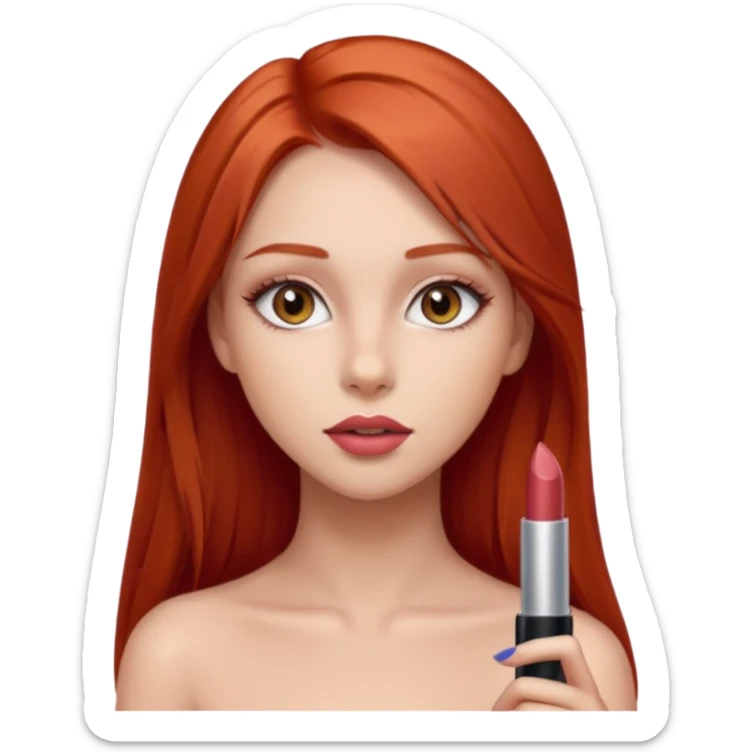 una chica con pose divertida de 18 años con los labios con pintalabios nude y los ojos maquillados, de piel blanca con el pelo liso, largo y pelirrojo, ojos marrones sticker