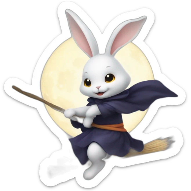 a small white rabbit riding a broomstick like a witch with the night sky and stars in the background sticker