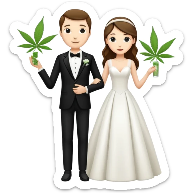 A bride in white wedding dress and groom in tuxedo, full body, sharing cannabis, wedding couple, different pose sticker