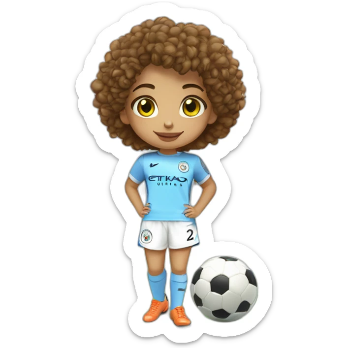 girl with short curly brown hair and eyes wearing Manchester City football shirt, fluro orange soccer boots, standing with a soccer ball sticker