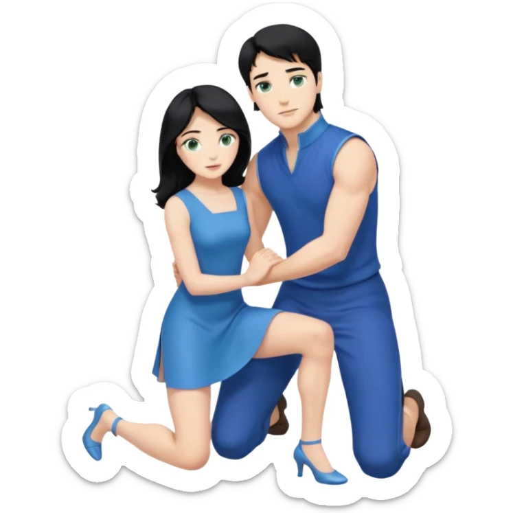 prince, upright, black Hair, blue eyes, blue garment,  Woman, blonde Hair, Green eyes, bending knee, sleveless, white Dress, sticker