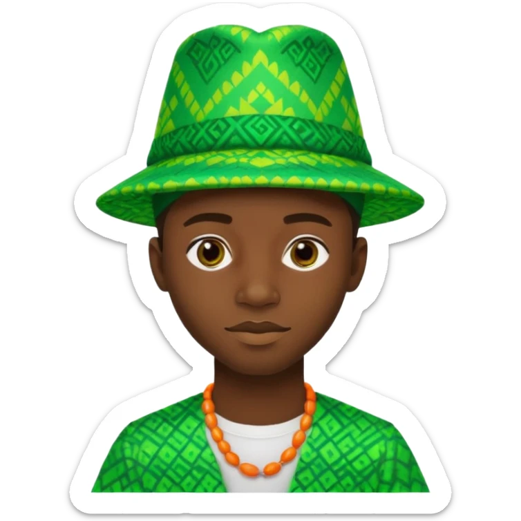 Create me an emoji of a beautiful cool Young Nigerian prince wearing a neon green gradient African patterns with a Nigerian-inspired hat sticker