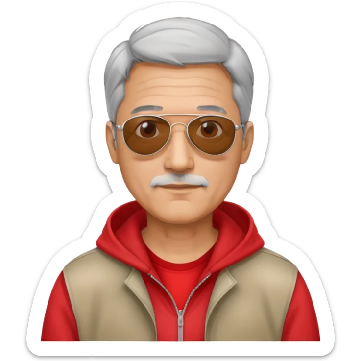 50-year-old man with some grey hair, aviator sunglasses, wearing a red hoodie sticker