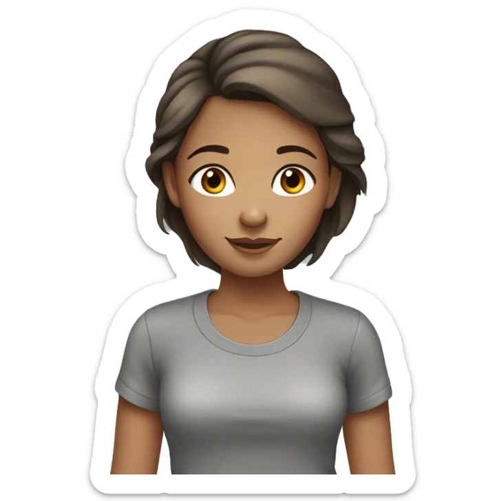 Girl with brown hair, brown eyes and freckles, wearing a gray t-shirt  sticker