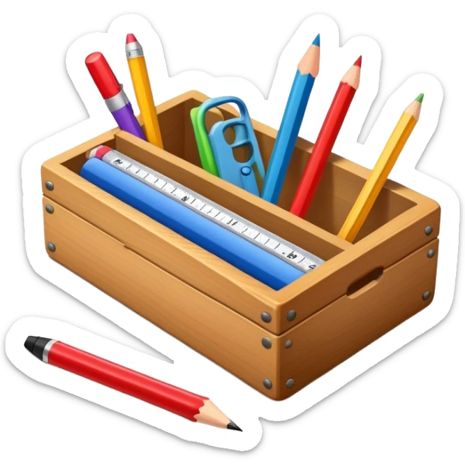small box of teaching supplies with a pencil, ruler, and markers sticking out sticker