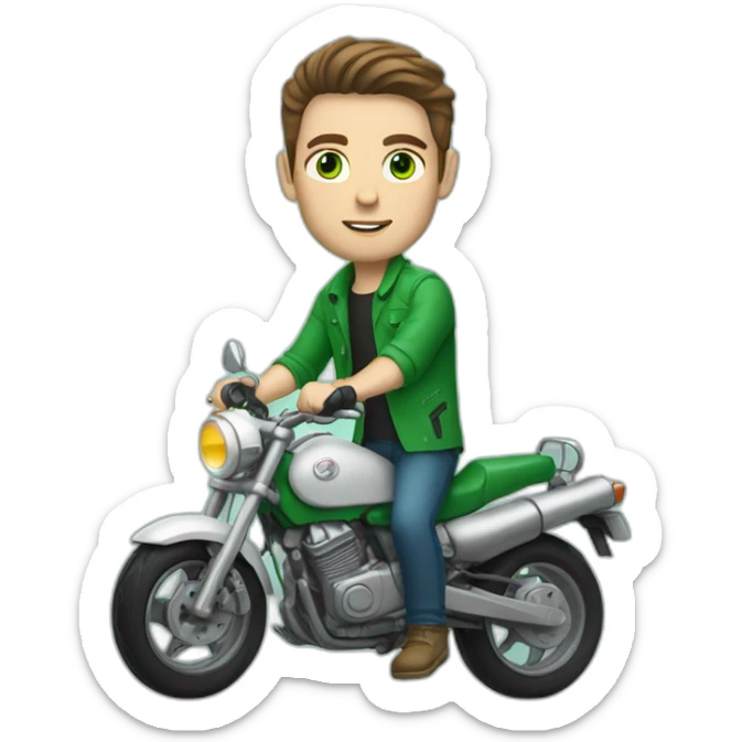 white skin men with brunette hair and green eyes in a sea colour motorbike sticker