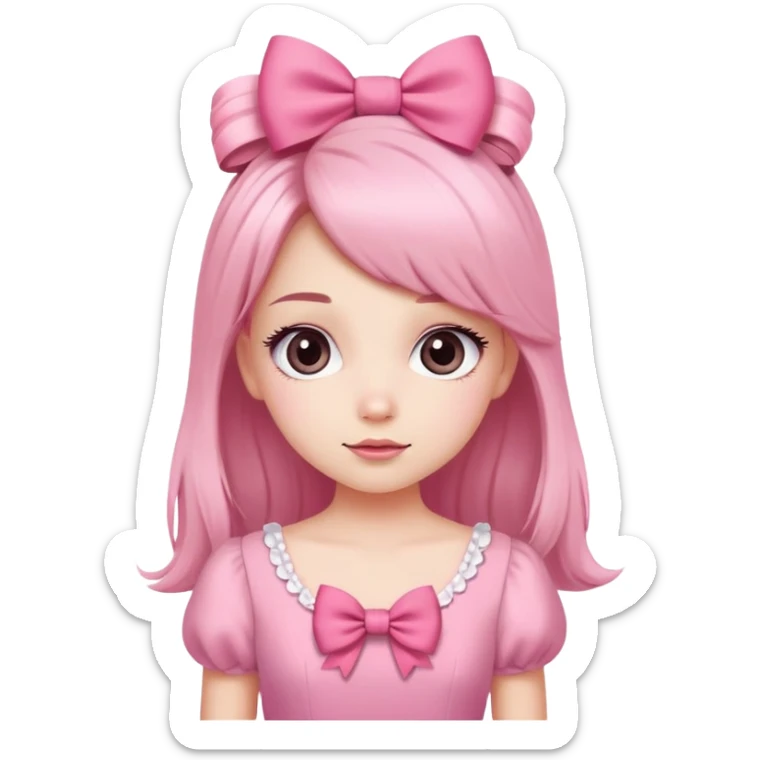 Cute girly girl character with pink dress, long eyelashes, and hair bow sticker