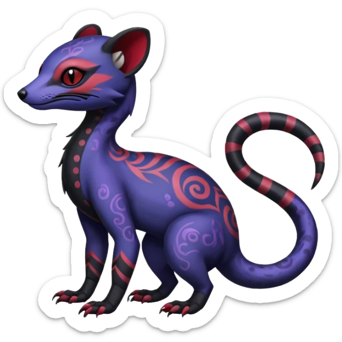 Rare warm-colored exotic gloomy tropical edgy cute epic aesthetic spooky indigo violet white black red gothic colorful Salandit-Noibat-Civet-species-Fakemon-hybrid-creature, with tribal tattoo markings, full body sticker