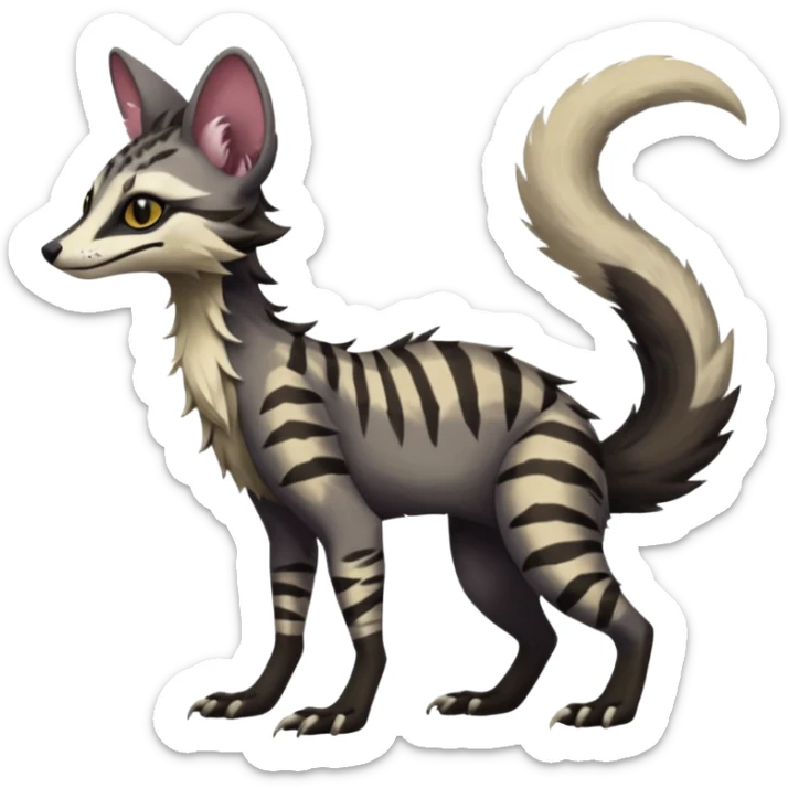 Feral Rare Fantasy dark tropical Vernid-Sergal-Genet-Trico-species by LiLaiRa, random markings, tufted tail, tufted ears, full body, 4 legs sticker