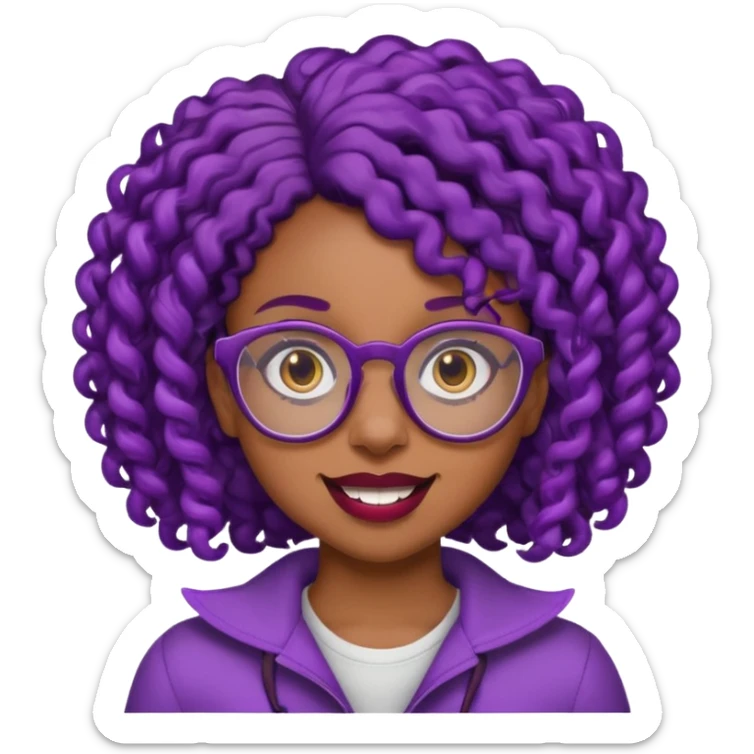 nerd emoji like with glasses showing only her 2 buck teeth but it’s a black girl with purple black curly hair sticker
