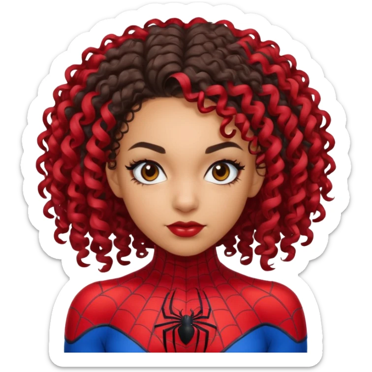 Lightskin girl with curly hair, eyebrow piercing in left side, wearing a spider man costume sticker