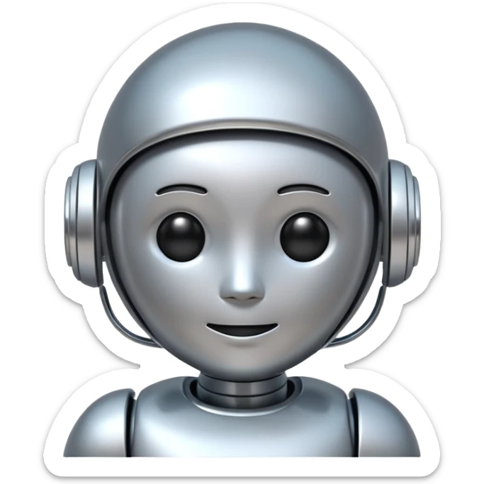A cute futuristic robot emoji made of silver chrome, rounded friendly body, minimal facial features, glossy metallic surface, soft reflections, iOS emoji style, centered, clean white background sticker