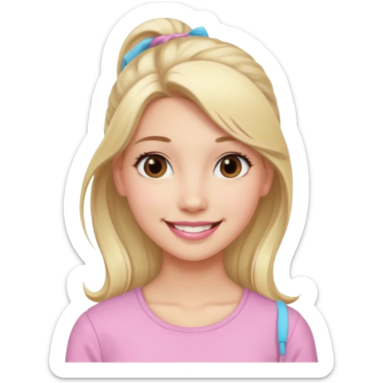 a cute woman like a barbie is smiling, her hair is long, blonde and half ponytail, her eyes color are brown and the color of her lip is soft pink sticker