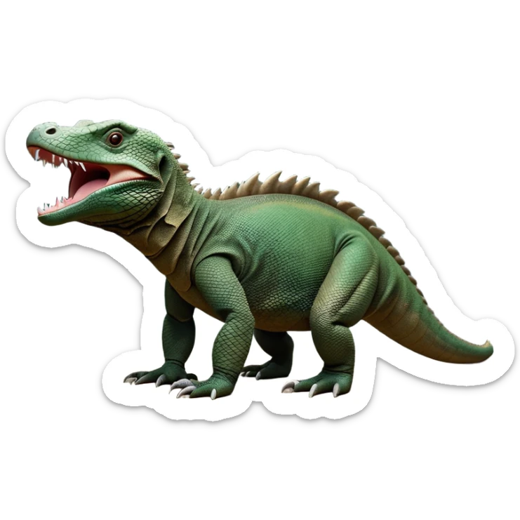 cinematic-komodo-dragon-realistic-full-body-standing on all fours-emoji,-massive-scaled-body-poised-with-quiet-power,-rough-textured-skin-dark-green-and-dark brown, black,-head-tilted-dramatically,-long-forked-tongue-flicking-out,-simplified-yet-realistic-focused-features,-highly-detailed,-glowing-with-an-almost-sarcastic-glow

 sticker