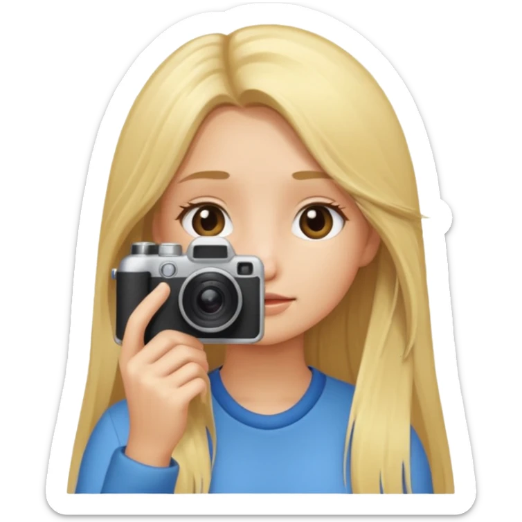 blonde cartoon girl taking picture camera in front of her face long hair sticker