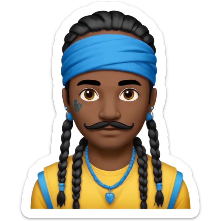 big lose braids starting from the top of the head man with mustache face wiith big visible braids and mono color headband on head  face and braids as big as headband and lots and lots of face tattoos colored tattoos like a tattoo artist hair unique color sticker