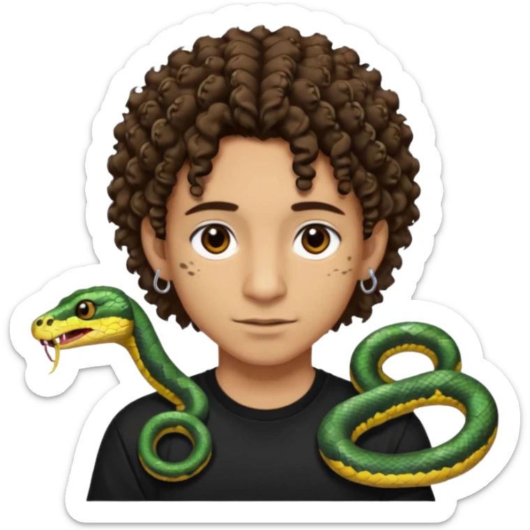 Chico con cabello medio corto, rizado, con ojos marrones, piel trigueña, con dos piercings debajo del labio (Snake bites) y dos piercings en cada oreja con pendientes negro, con polera negra sticker