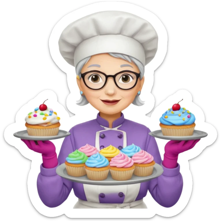Older female pastry chef – round glasses, oven mitts on, holding a tray of cupcakes

 sticker