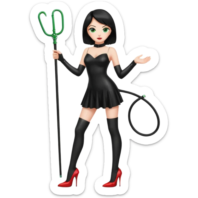 🕵🏻‍♀️💦🧥 black hair , green eyes , full body , red high heels , whip , black latex dress sticker