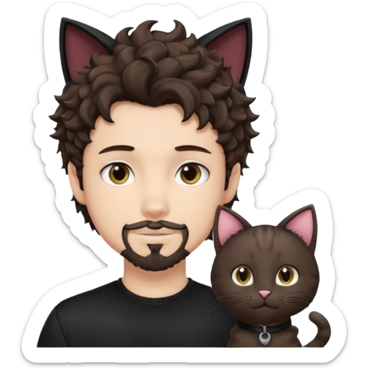 white boy with cat tail with goatee hair and cat ears with dark brown hair and anime features woth curly hair  sticker